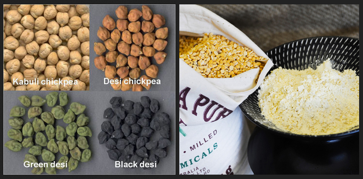The difference between kabuli and desi chickpeas, chick pea splits and besan flour.
