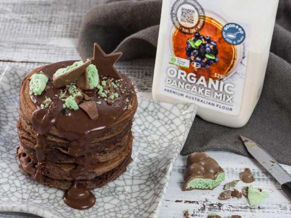 Double choc pancakes made with Kialla's pancake mix