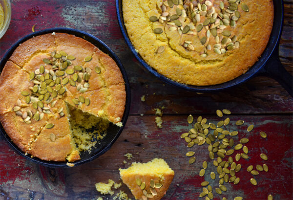 A traditional style cornbread with pumpkin puree
