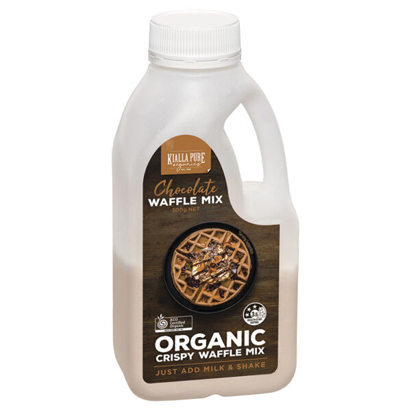 Kialla Pure Organic Chocolate Waffle Mix in a shaker bottle